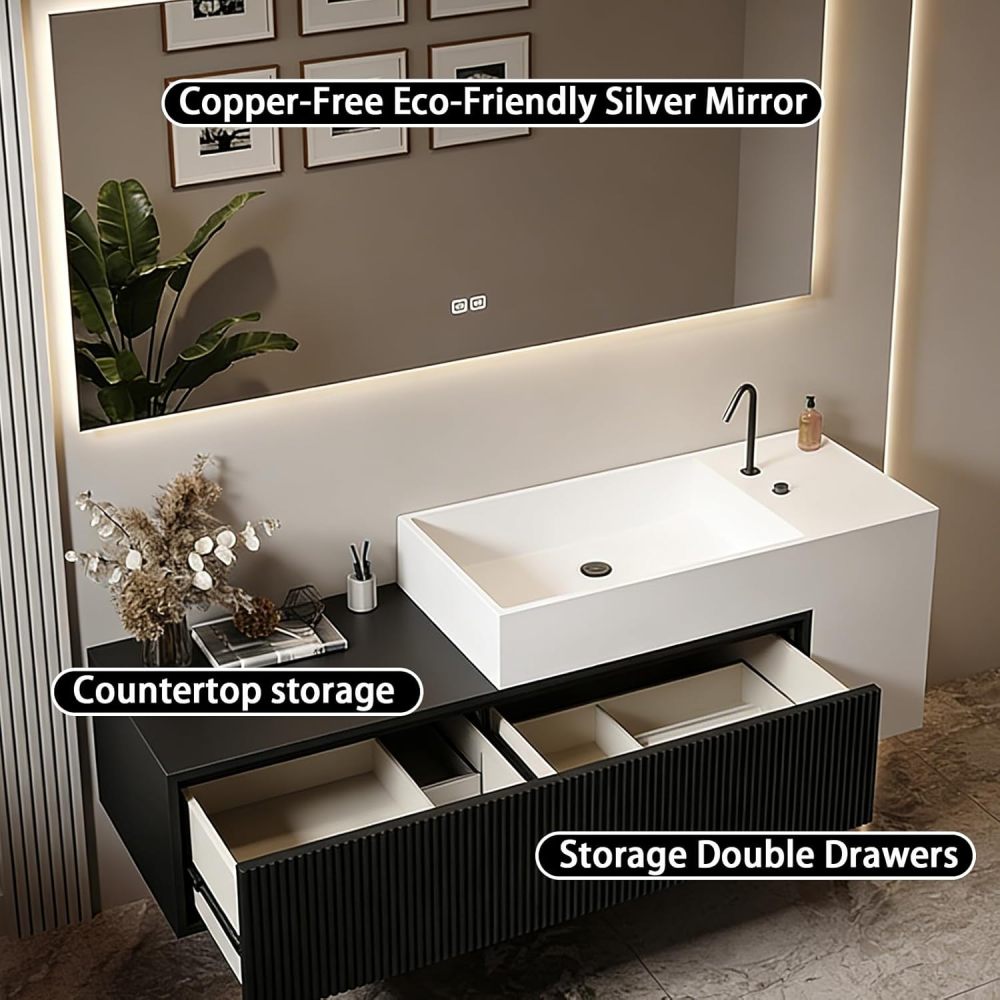 90IN Bathroom Vanity - Floating Bathroom Vanity with Seamless Sink, Includes Smart Defog Mirror, One-Touch Defog & Lighting, Solid Wood Sink with 2 Drawers, Black