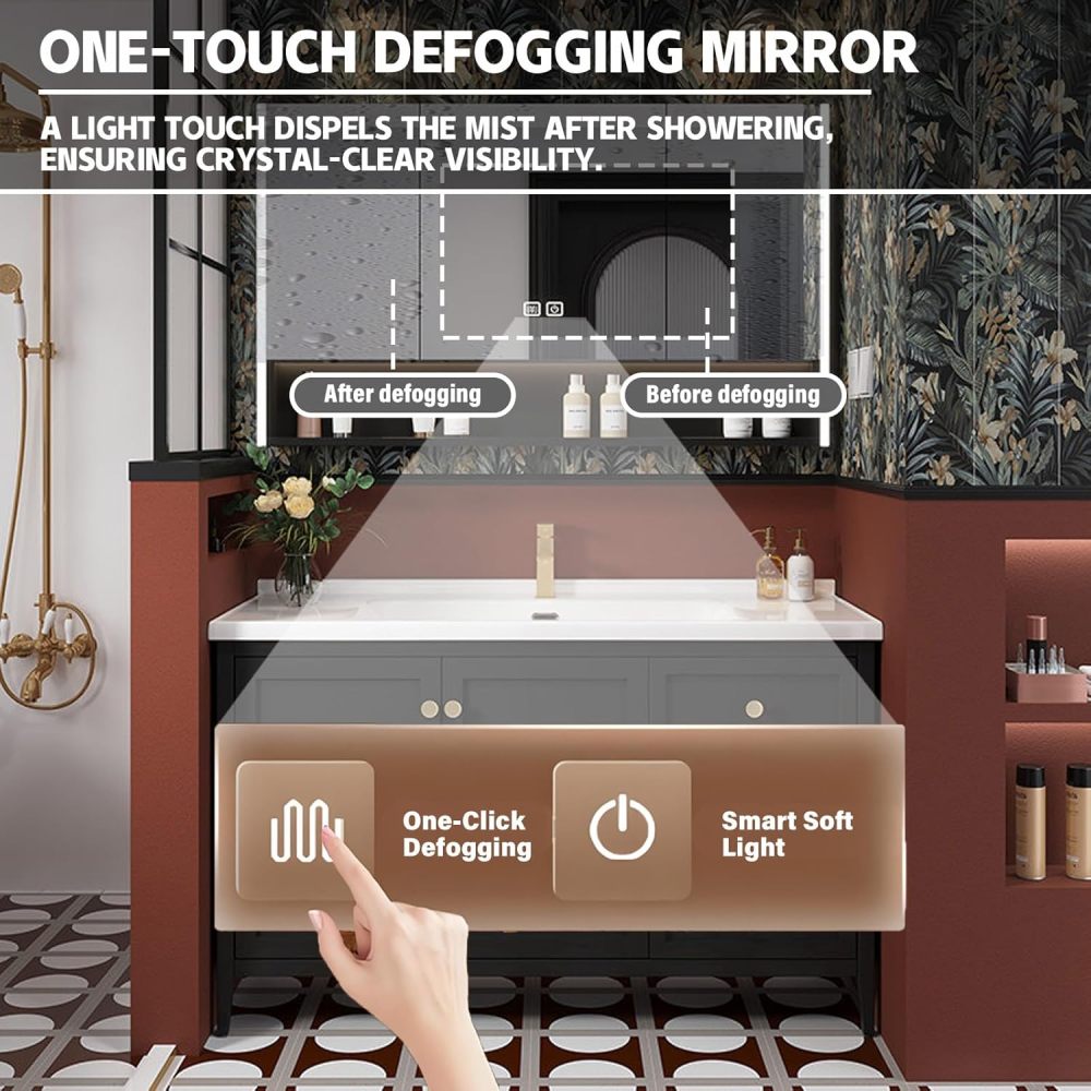 40IN Retro Bathroom Vanity with Sink - Modern Bathroom Vanity Cabinet with Smart Anti-Fog Mirror & Integrated Stone Sink, Waterproof, Multi-Layer Solid Wood for Bathroom, Mirror