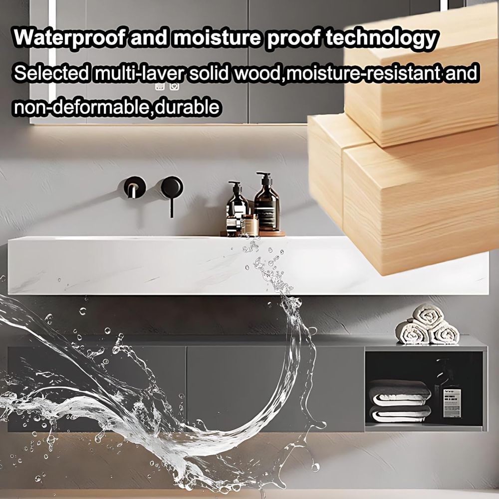 64IN Double Sink Bathroom Vanity - Simple Bathroom Vanity with Smart Defog Mirror, Solid Wood Sink Cabinet with Multiple Storage Areas, No Assembly Required, Gray