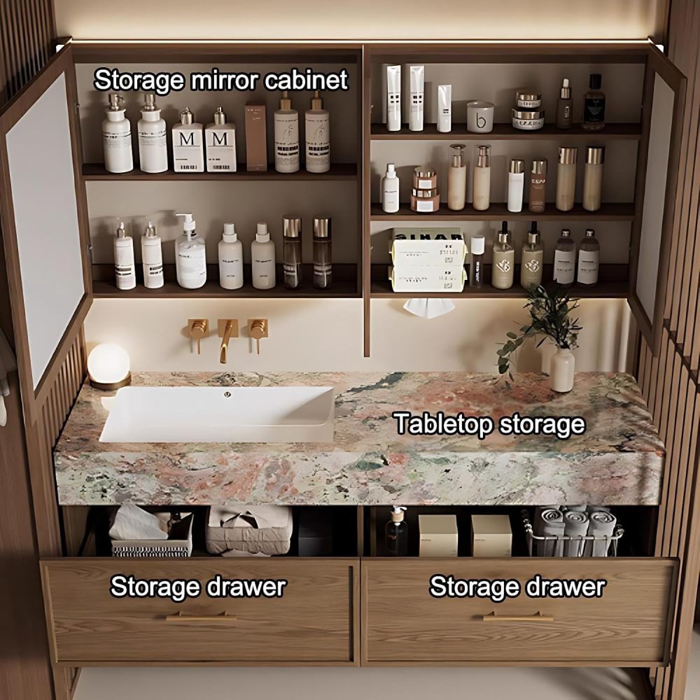 58IN Bathroom Vanity with Sink - Solid Wood Bathroom Vanity with Multiple Storage Area, Includes Smart Defog Mirror, One-Touch Defog & Lighting, No Assembly Required, Wood
