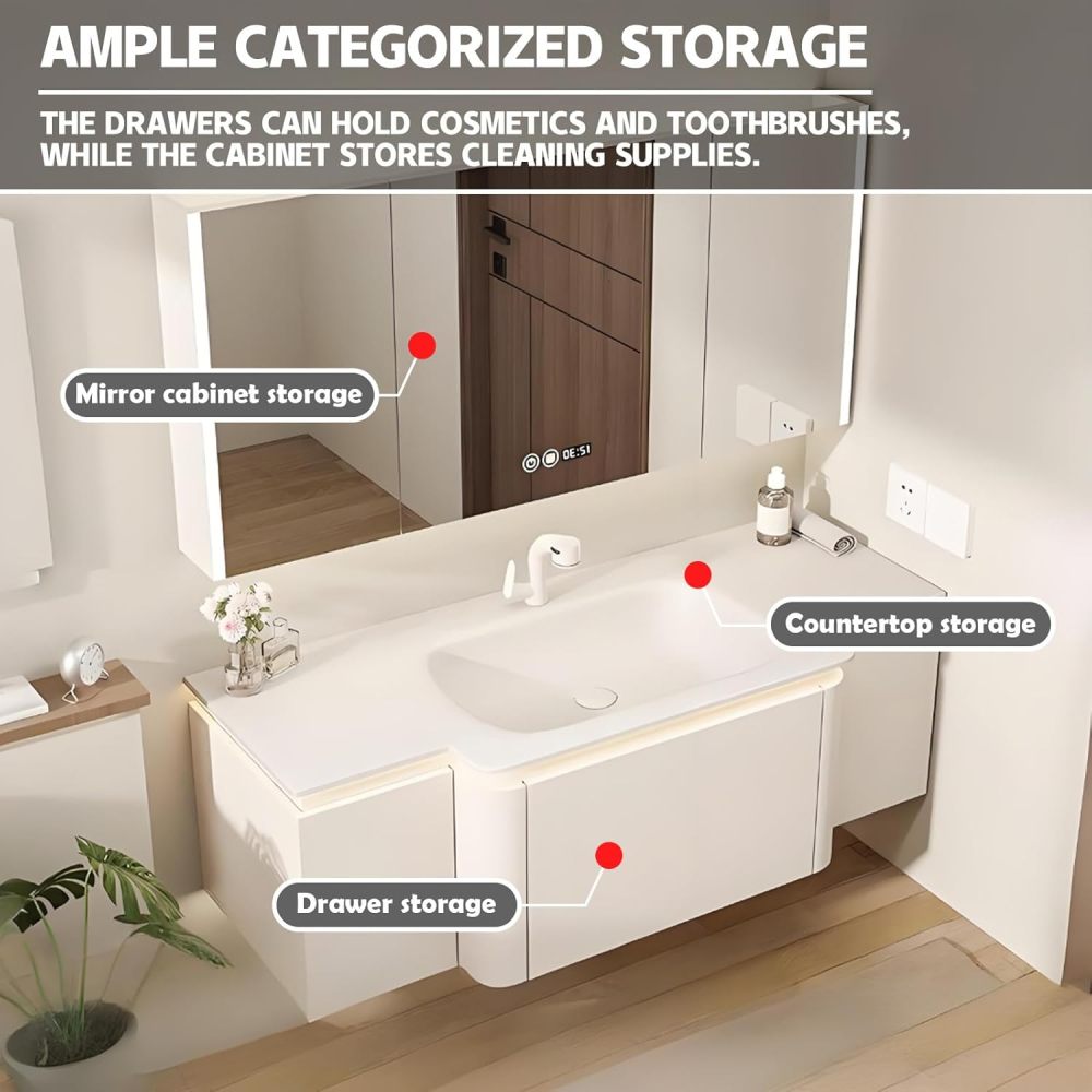 94IN Modern Solid Wood Bathroom Vanity with Sink - Single Floating Sink, Bathroom Vanity Cabinet with Smart Anti-Fog Mirror, Ample Storage, Integrated Stone Sink|Customizable, Mirror