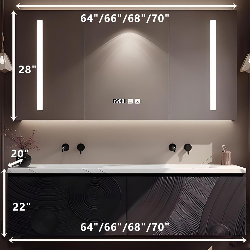 64IN Double Sink Bathroom Vanity - Luxury Bathroom Vanity with Smart Defog Mirror, One-Touch Defog & Lighting, Solid Wood Sink Cabinet with 2 Drawers, No Assembly Required, Mirror Cabinet