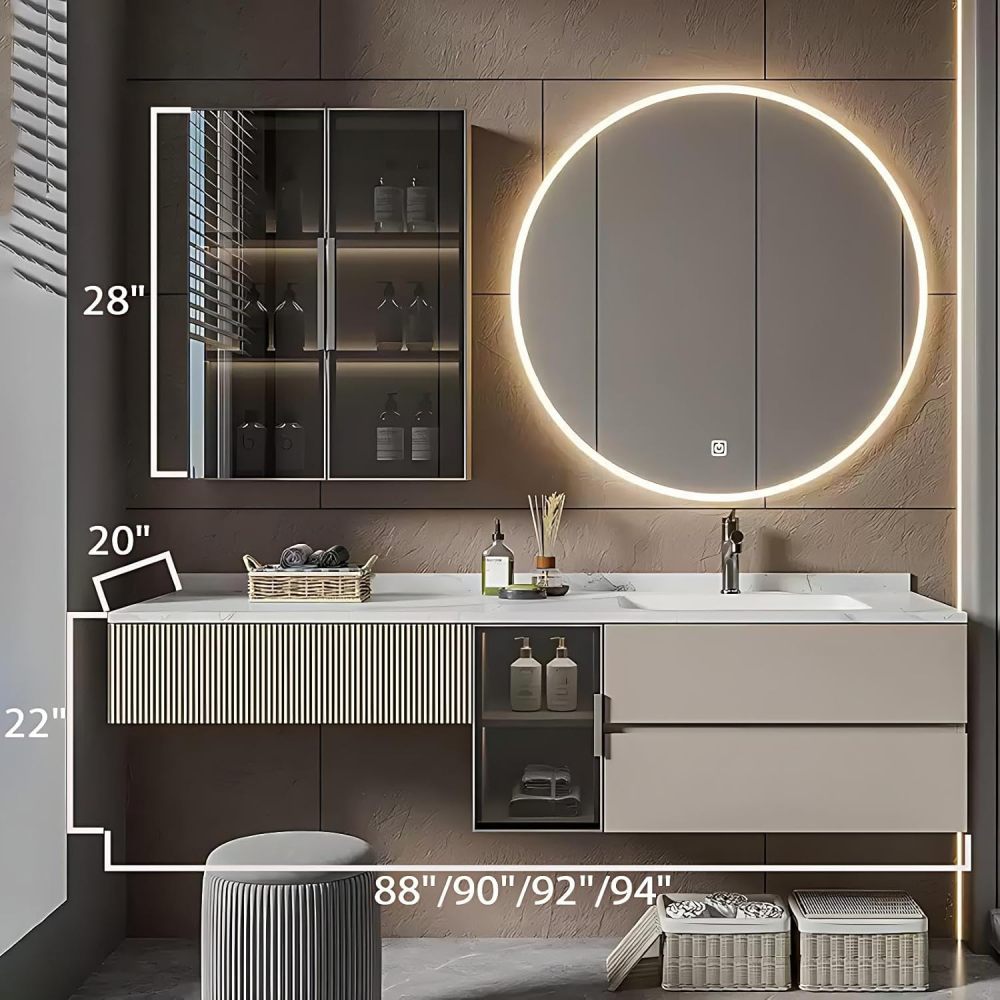 94IN Bathroom Vanity with Sink - Floating Vanity with Makeup Chair, Solid Wood Bathroom Sink Cabinet, Smart Defogging Mirror, Easy to Clean, Custom Sizes - Complete Accessories, White