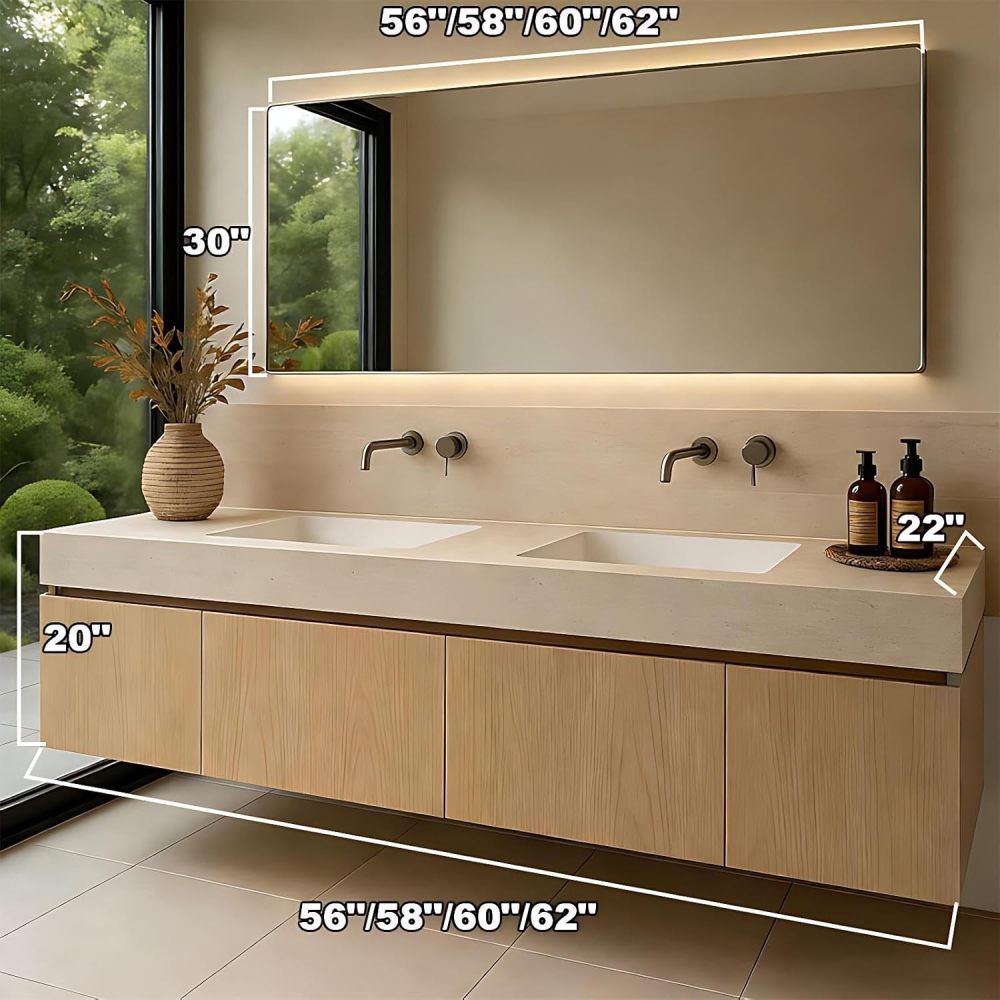 60 inch Double Sink Bathroom Vanity - Floating Vanity with Sink, Anti-Fog Mirror, Soft Close Drawers, Seamless Basin, Waterproof Finish, Excellent Wood, Fully Assembled, Wood