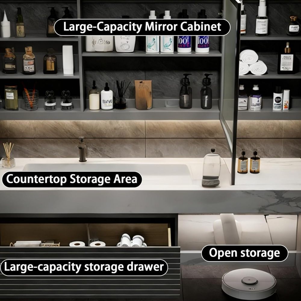 102IN Bathroom Vanity - Modern Bathroom Vanity with Anti-Fog Mirror Cabinet, One-Touch Defog & Lighting, Floating Sink Cabinet with Storage & Seamless Sink, No Assembly Required, Gary