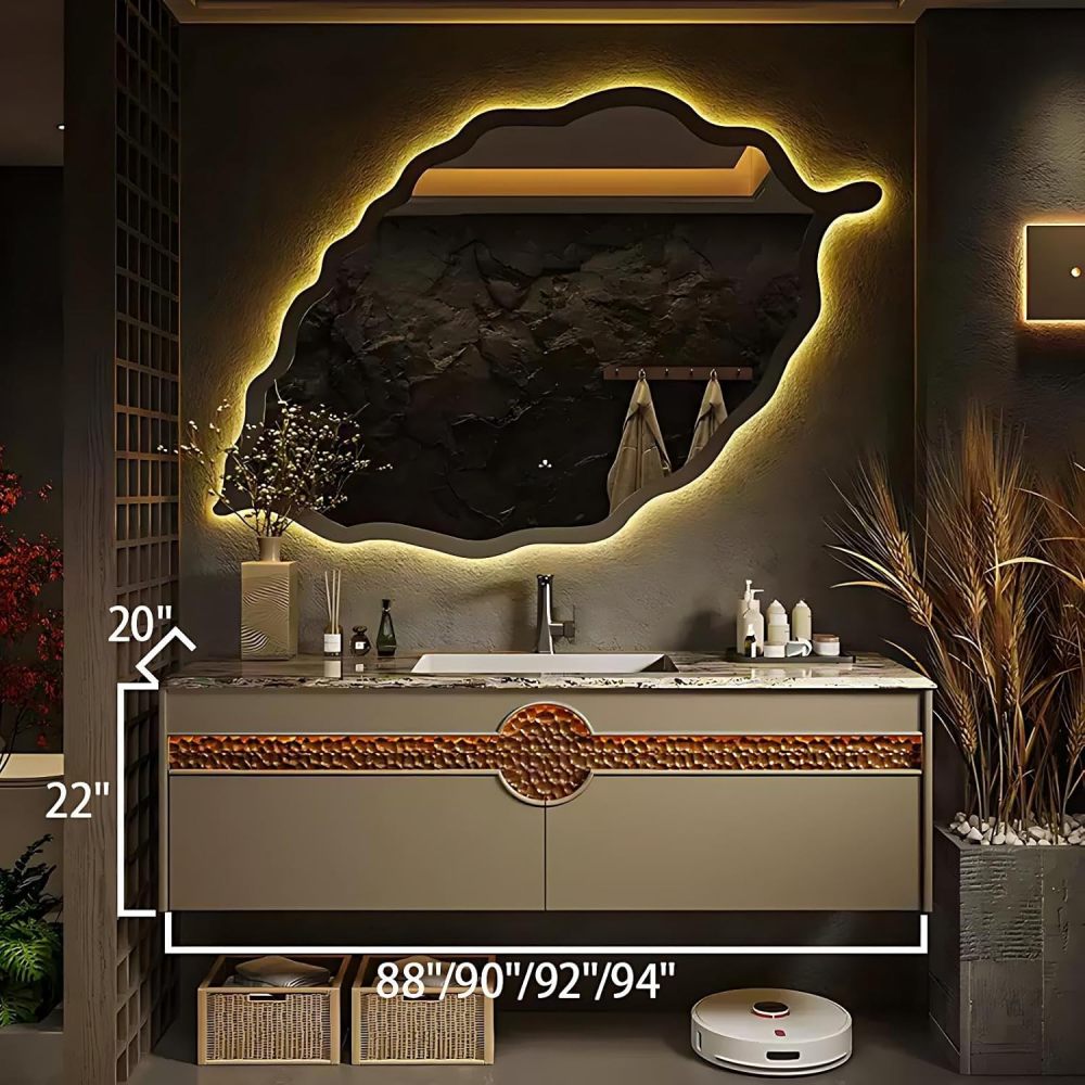 94IN Bathroom Vanity with Sink - Modern Bathroom Sink Cabinet with Smart Sensor Light&Smart Defrost Mirror, Solid Wood Floating Vanity, Customizable - Complete Accessories, Brown