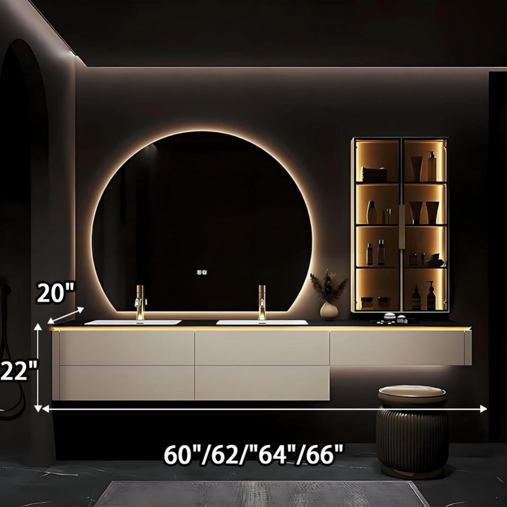 64IN Double Sink Bathroom Vanity - Luxury Bathroom Vanity with Smart Defog Mirror, One-Touch Defog & Lighting, Floating Sink Cabinet with 2 Drawers, Includes a Stool, White