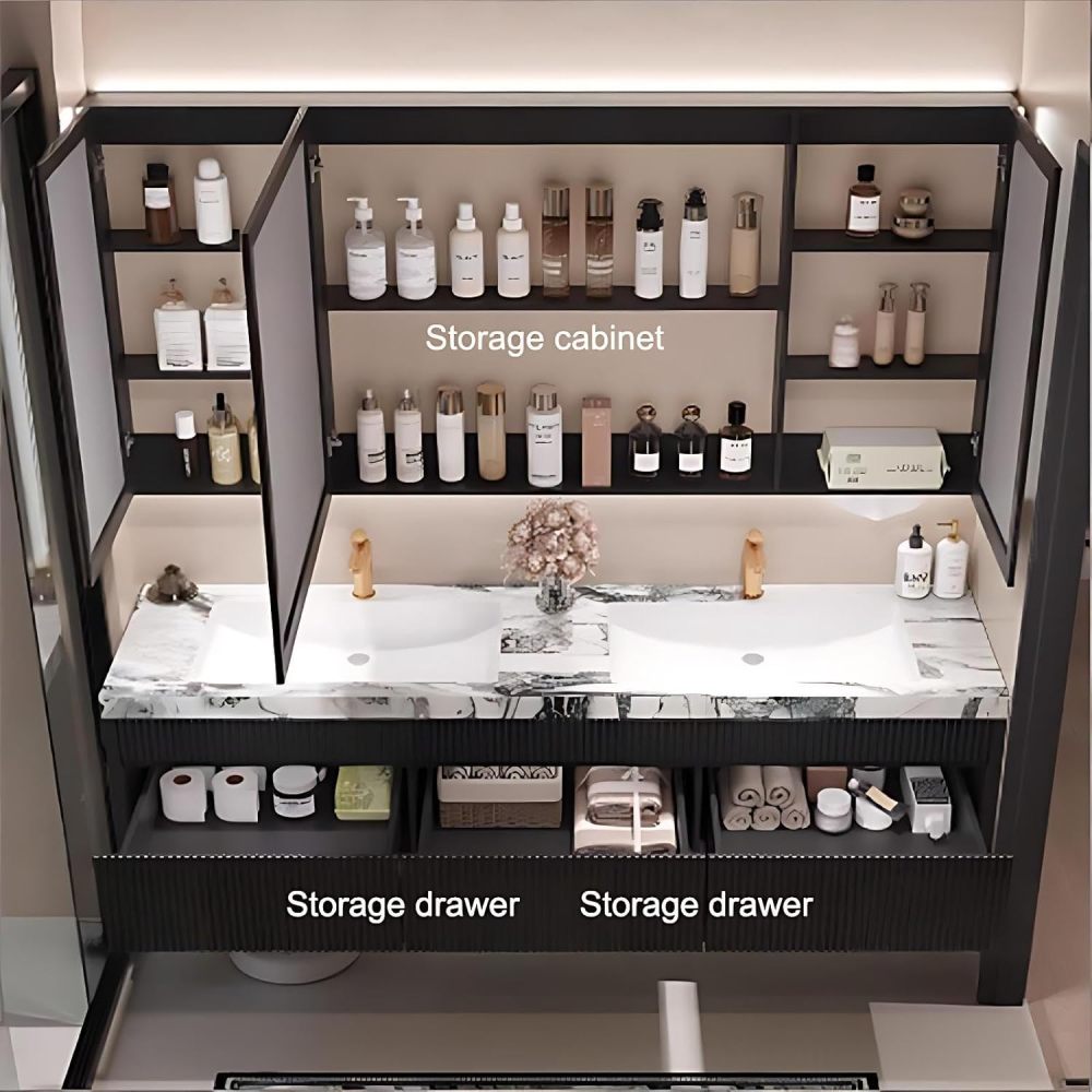 80IN Bathroom Vanity with Sink - Solid Wood Bathroom Vanity with Seamless Sink and 3 Drawers, Includes Smart Defog Mirror, One-Touch Defog & Lighting, No Assembly Required, Off - White
