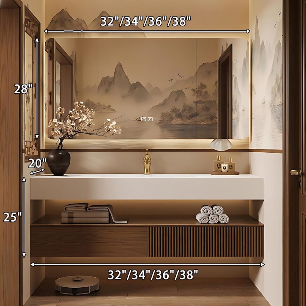36IN Bathroom Vanity - Solid Wood Bathroom Vanity with Smart Defog Mirror, Floating Sink Cabinet with 2 Large Capacity Drawers, Complete Accessories, No Assembly Required, Mirror Cabinet