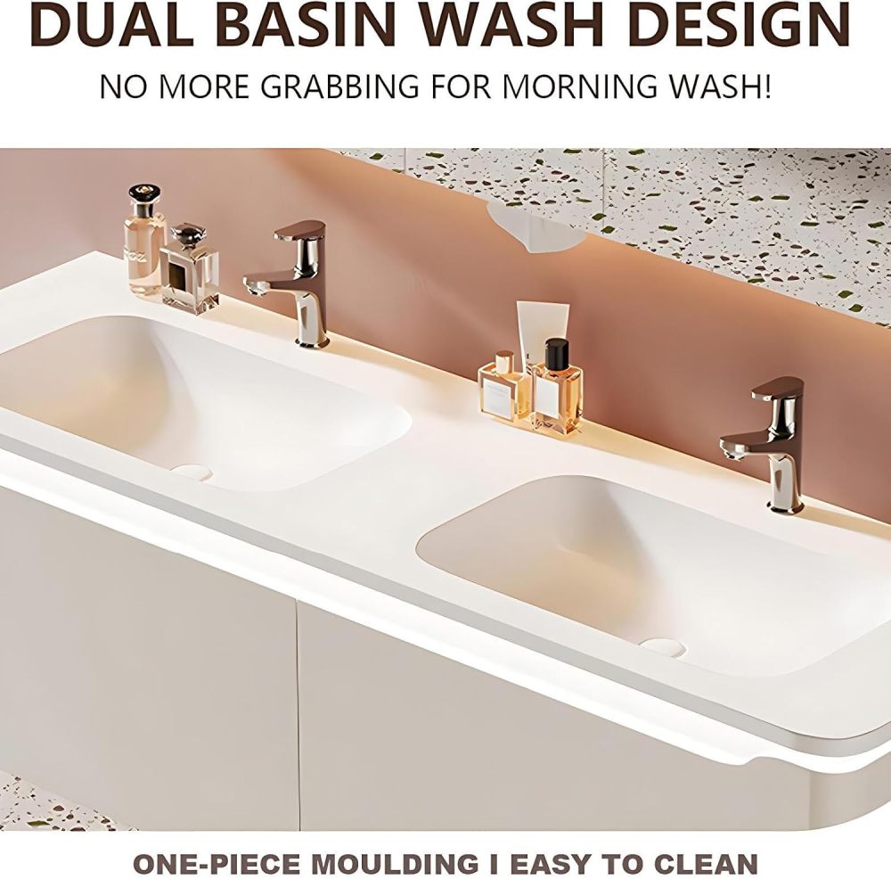 98IN Luxury Bathroom Vanity with Sink - Bathroom Vanity Cabinet with Storage, Double Floating Sink Design, Intelligent Defogging, Waterproof, Customizable Sizes - Easy to Install, White