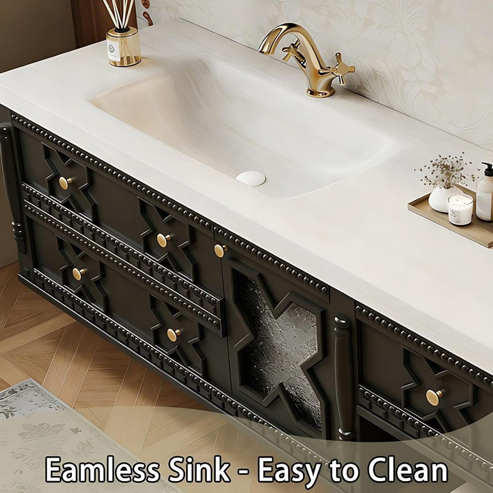 98IN Bathroom Vanity with Sink - Solid Wood Sink Cabinet with Smart Defog Mirror, Bathroom Vanity with 3 Drawers & Makeup Vanity, Includes Makeup Stool, No Assembly Required, Black