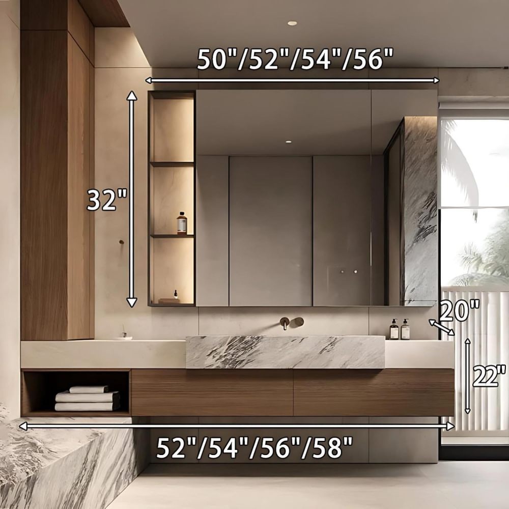 54IN Bathroom Vanity - Luxury Bathroom Vanity with Anti-Fog Mirror Cabinet, Solid Wood Bathroom Sink Cabinet with Multiple Storage Areas, No Assembly Required, Wood - Mirror Cabinet