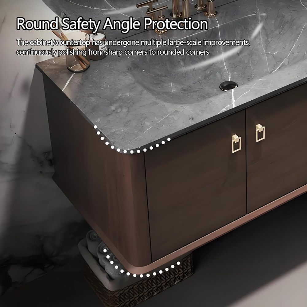 90IN Bathroom Vanity with Sink - Stylish Bathroom Vanity Cabinet with Smart Anti-Fog Round Mirror, Single Floating Sink Design, Waterproof Storage & Multi Layer Solid Wood, Style A