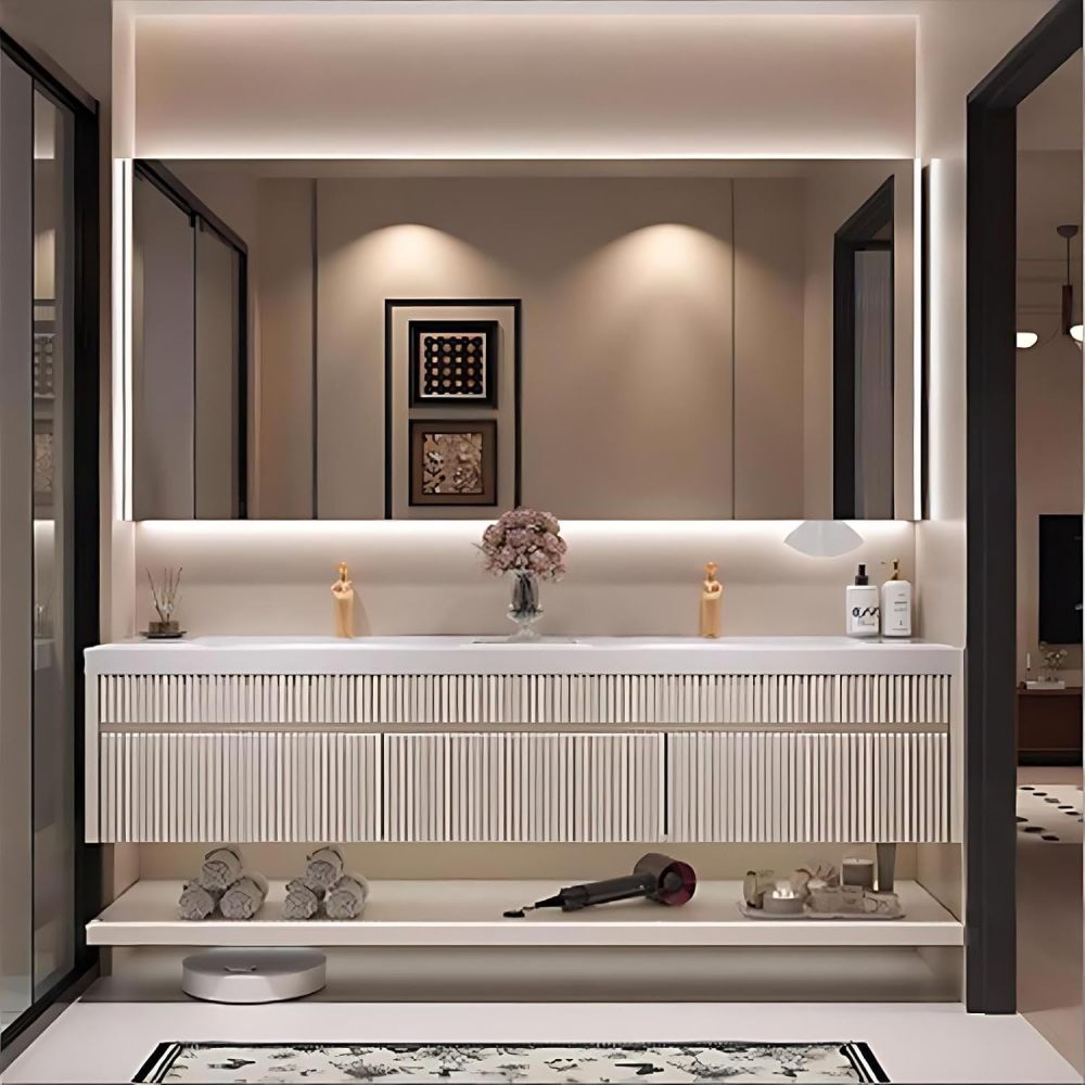 80IN Bathroom Vanity with Sink - Solid Wood Bathroom Vanity with Seamless Sink and 3 Drawers, Includes Smart Defog Mirror, One-Touch Defog & Lighting, No Assembly Required, Off - White