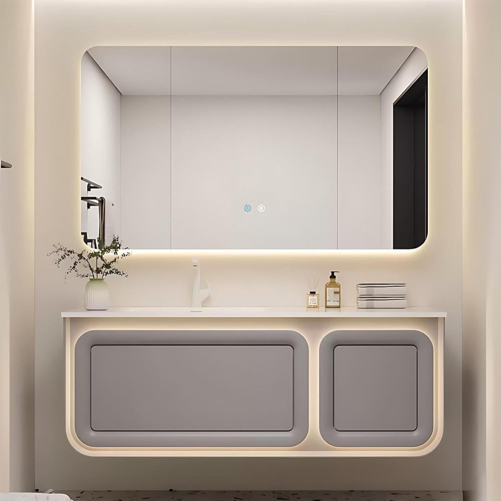 58IN Bathroom Vanity with Sink - Modern Floating Vanity with Smart Anti-Fog Mirror, Solid Wood Bathroom Sink Cabinet, Large Storage Space, Customizable - Complete Accessories, Grey