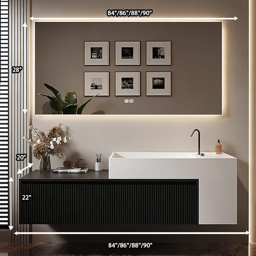 90IN Bathroom Vanity - Floating Bathroom Vanity with Seamless Sink, Includes Smart Defog Mirror, One-Touch Defog & Lighting, Solid Wood Sink with 2 Drawers, Black