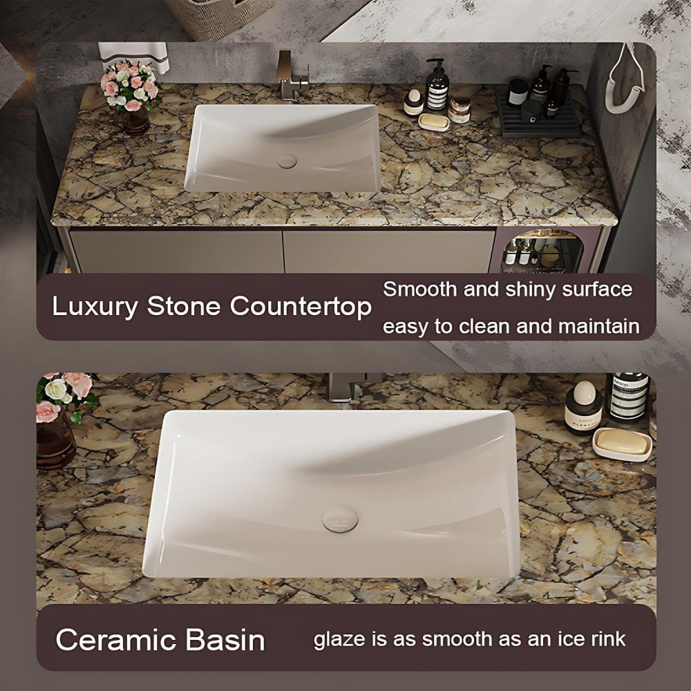 92IN Bathroom Vanity with Sink - Single Bathroom Sink Cabinet with Intelligent Defogging Mirror, Floating Vanity, Multilayer Solid Wood, Custom Size Option - Complete Accessories, Brown