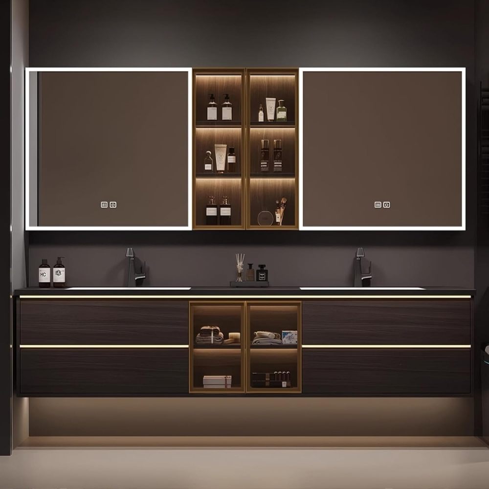 58IN Double Sink Bathroom Vanity - Luxury Bathroom Vanity with Sink & Smart Defog Mirror, Solid Wood Sink Cabinet with Multiple Storage Area, No Assembly Required, BRWO