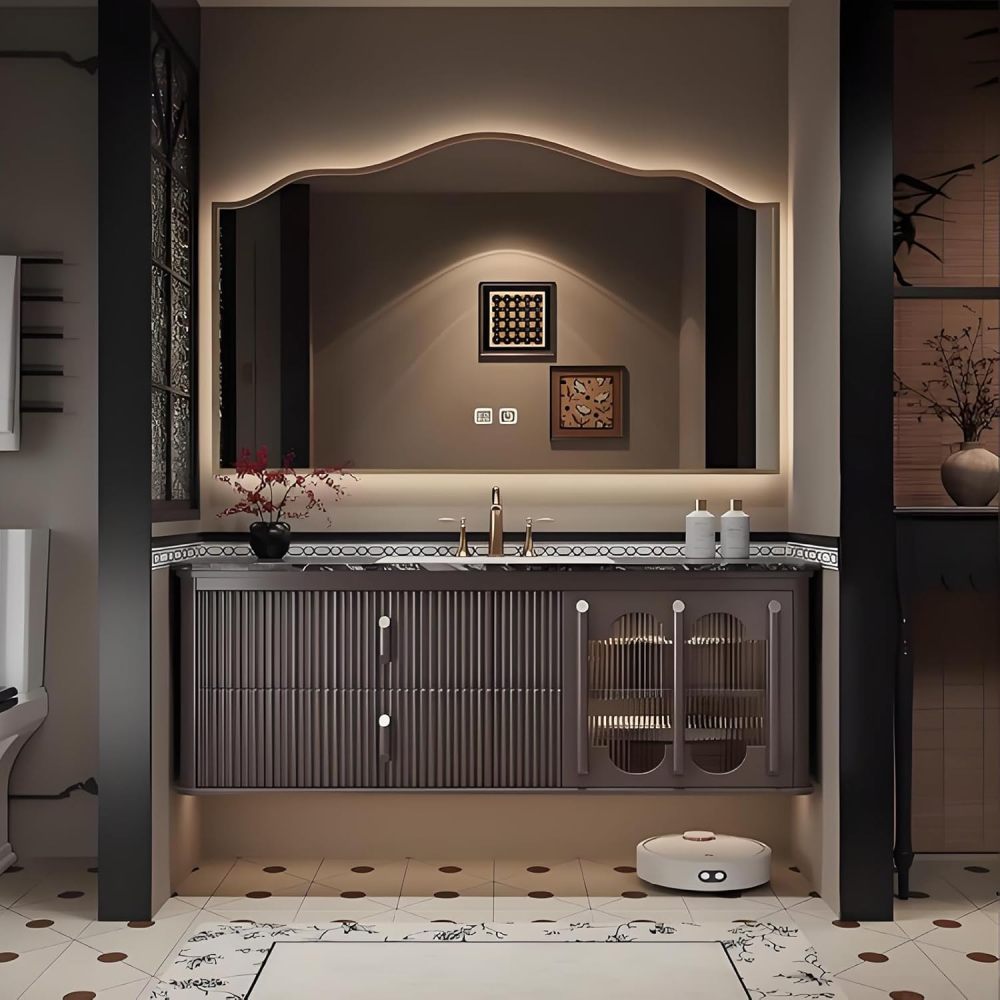 36IN Bathroom Vanity with Sink - Modern Sink Cabinet, Floating Vanity with Intelligent Defogging Mirror, Multi Layer Solid Wood & Sintered Stone Sink - Complete Accessories, Brown