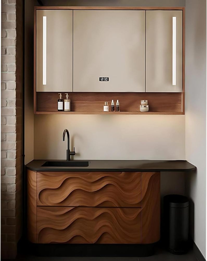 Bathroom Vanity with Sink - Solid Wood Bathroom Vanity with Smart LED Defog Mirror, Floor Mount Sink Cabinet with 2 Drawers (Wood,30IN)