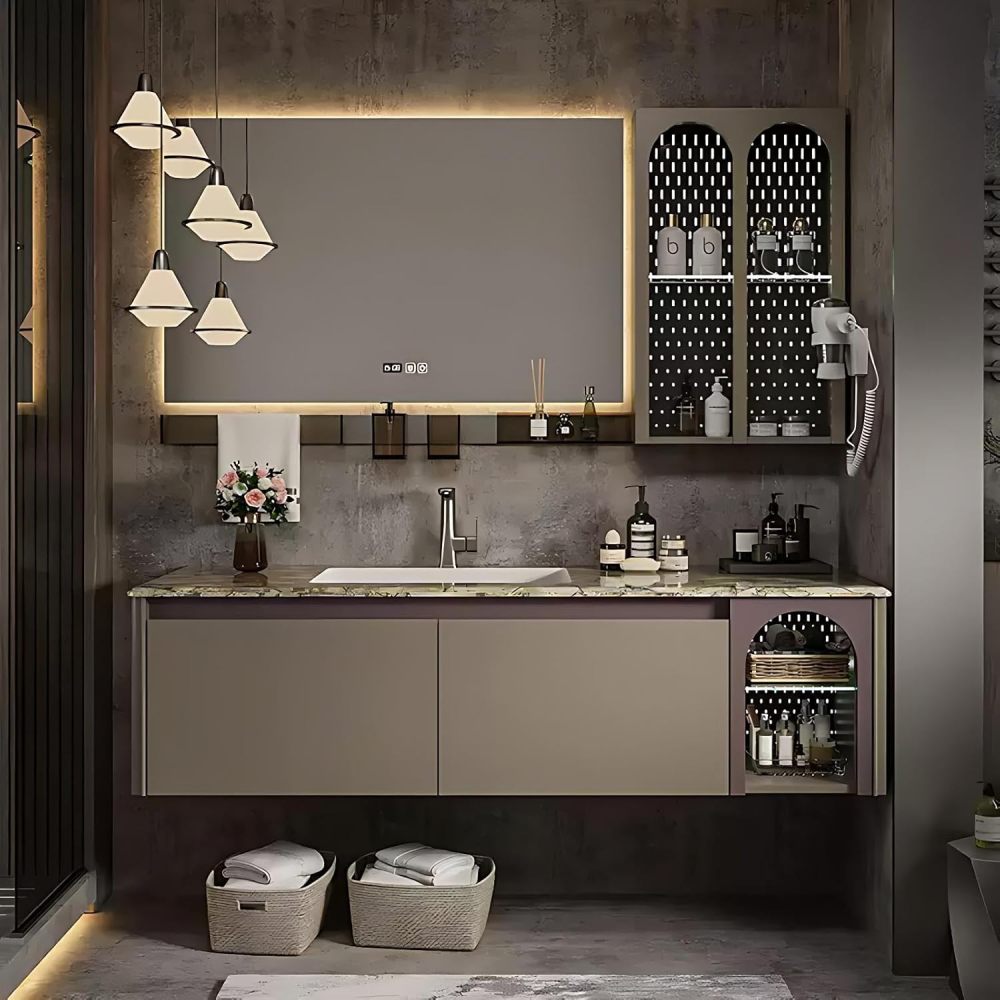92IN Bathroom Vanity with Sink - Single Bathroom Sink Cabinet with Intelligent Defogging Mirror, Floating Vanity, Multilayer Solid Wood, Custom Size Option - Complete Accessories, Brown