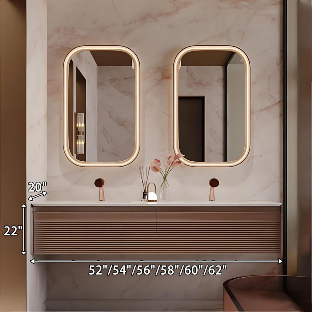 54IN Double Sink Bathroom Vanity - Solid Wood Bathroom Vanity with Smart Defog Mirror, One-Touch Defog & Lighting, Floating Sink Cabinet with 2 Drawers, No Assembly Required