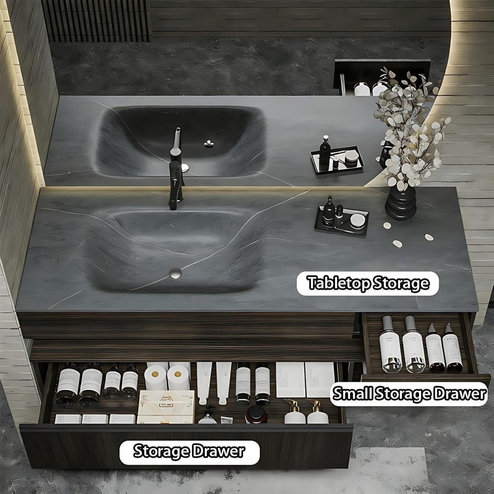 86IN Bathroom Vanity with Sink - Bathroom Vanity Cabinet with Drawers, Single Floating Sink, Intelligent Defogging, Waterproof&Moisture-Proof, Custom Sizes - Complete Accessories, Wood Color
