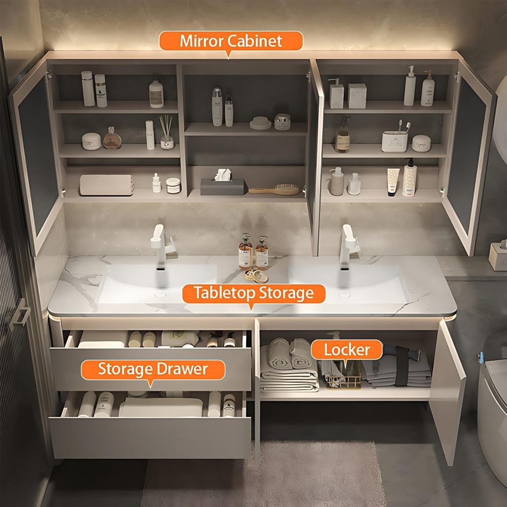 62IN Bathroom Vanity with Sink - Single|Double Floating Sink, Solid Wood Bathroom Vanity Cabinet with Smart Anti-Fog Mirror, Waterproof, Customizable - Complete Accessories,Double Slot
