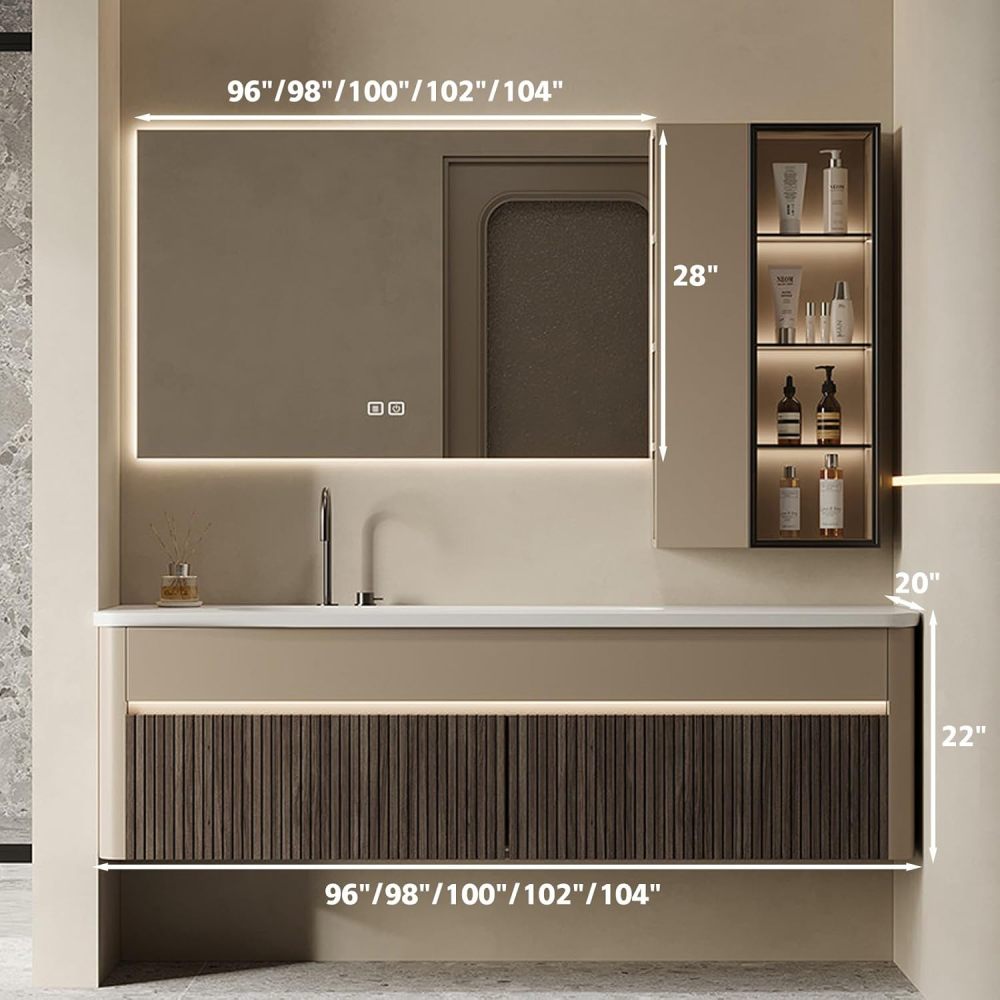 100IN Modern Solid Wood Bathroom Vanity with Sink - Bathroom Vanity Cabinet with Smart Anti-Fog Mirror, Integrated Stone Sink, Silent Drawers - Customizable Size, Brown
