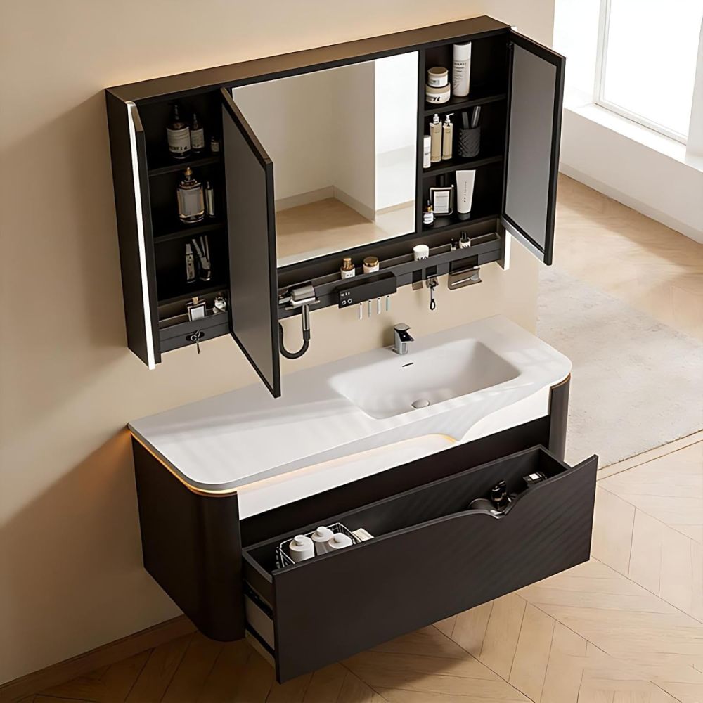 72IN Bathroom Vanity with Sink - Modern Bathroom Vanity with 3 Drawers, Solid Wood Sink Cabinet with Smart Defog Mirror, Complete Accessories, No Assembly Required, Black - Mirror Cabinet