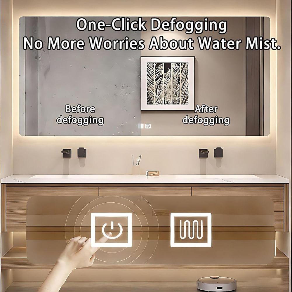 94IN Double Sink Bathroom Vanity - Solid Wood Bathroom Vanity with Smart Defog Mirror, One-Touch Defog & Lighting, Floating Sink Cabinet with Multiple Storage Areas, No Assembly Required
