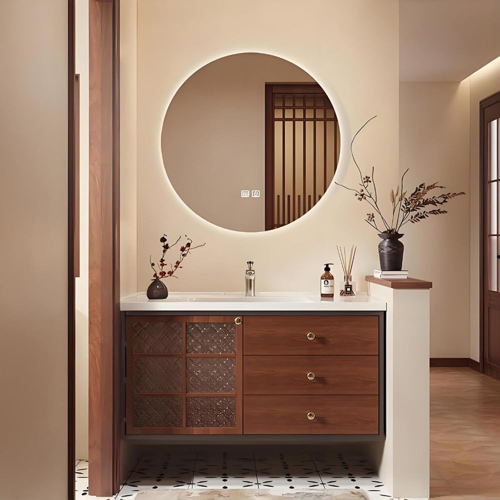 68IN Wood Bathroom Vanity with Sink - Single Floating Sink Design, Solid Wood Bathroom Vanity Cabinet with Anti-Fog Smart Mirror & Roomly Storage - Customizable Sizes, Mirror A