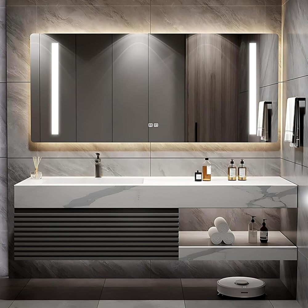 102IN Bathroom Vanity - Modern Bathroom Vanity with Anti-Fog Mirror Cabinet, One-Touch Defog & Lighting, Floating Sink Cabinet with Storage & Seamless Sink, No Assembly Required, Gary