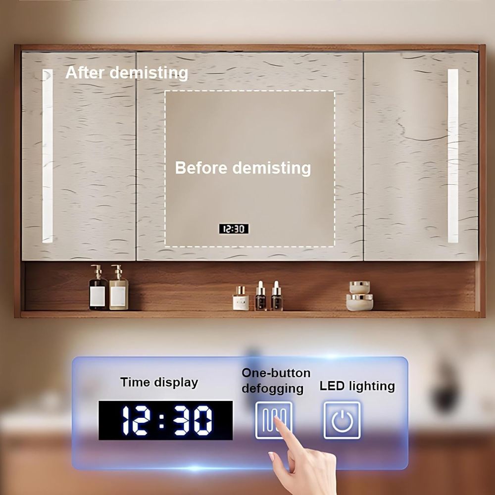 Bathroom Vanity with Sink - Solid Wood Bathroom Vanity with Smart LED Defog Mirror, Floor Mount Sink Cabinet with 2 Drawers (Wood,30IN)
