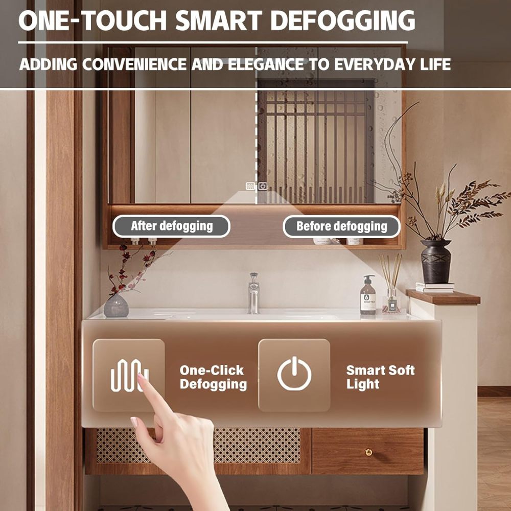 96IN Modern Bathroom Vanity with Sink - Solid Wood Bathroom Vanity Cabinet with Smart Anti-Fog Mirror & Integrated Stone Sink, Waterproof, Spacious Storage - Customizable Sizes, Mirror Cabinet