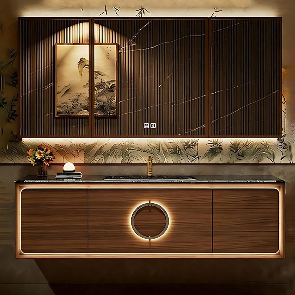 46IN Bathroom Vanity - Solid Wood Bathroom Vanity with 3 Drawers and Smart Defog Mirror, Modern Floating Sink with Seamless Sink, Complete Accessories, No Assembly Required, Mirror Cabinet