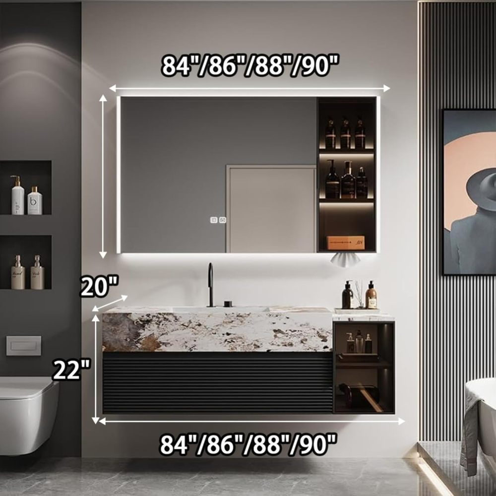 84IN Bathroom Vanity - Modern Bathroom Vanity with Smart Defog Mirror, One-Touch Defog & Lighting, Floating Sink Cabinet with Drawer & Door, No Assembly Required, Black