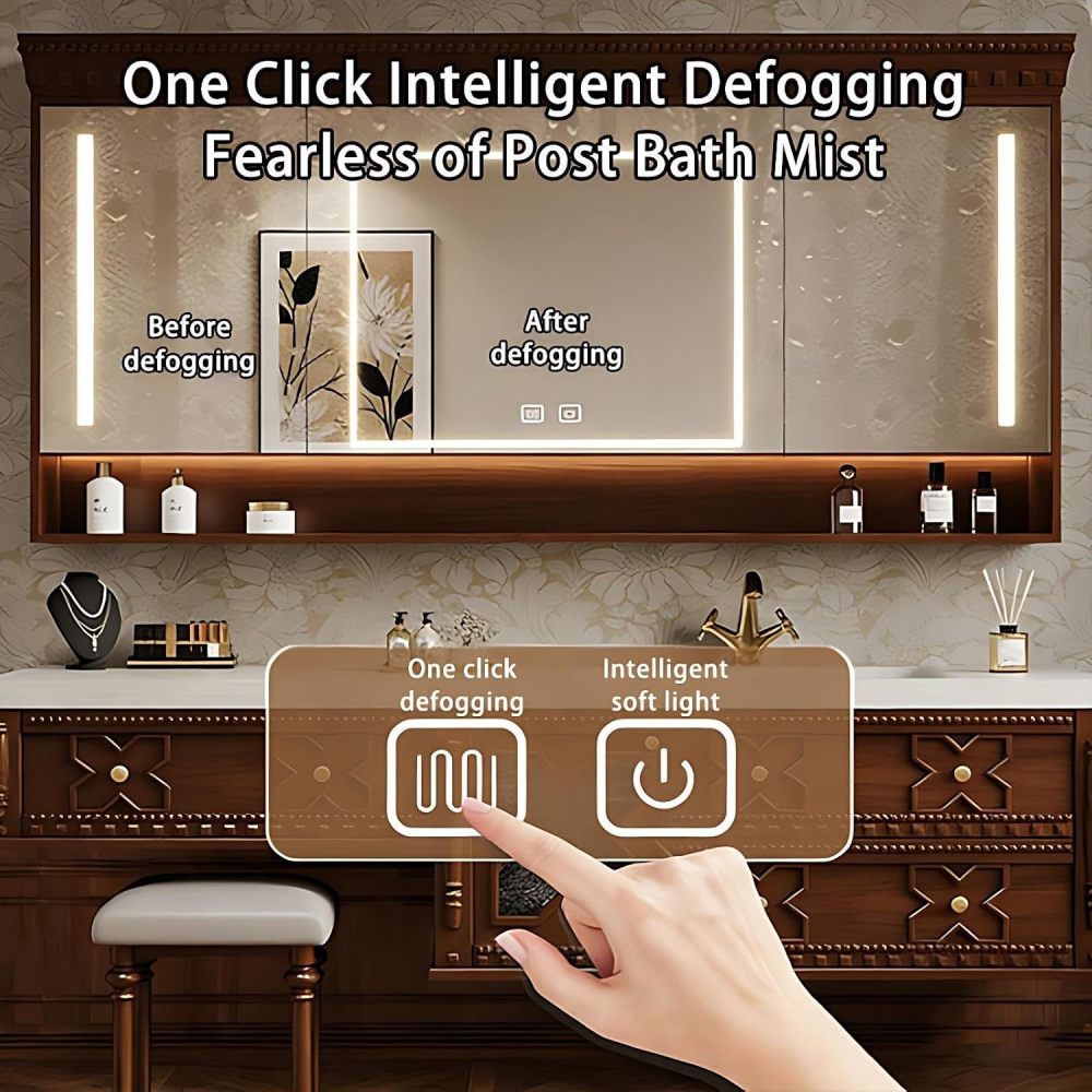98IN Bathroom Vanity with Sink - Solid Wood Sink Cabinet with Smart Defog Mirror, Bathroom Vanity with 3 Drawers & Makeup Vanity, Includes Makeup Stool, No Assembly Required, Black