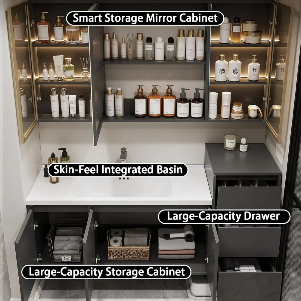 78IN Bathroom Vanity - Floating Bathroom Vanity with Seamless Sink & Multi-Functional Storage Cabinet, Includes Smart Defog Mirror, One-Touch Defog & Lighting, No Assembly Required, Gray