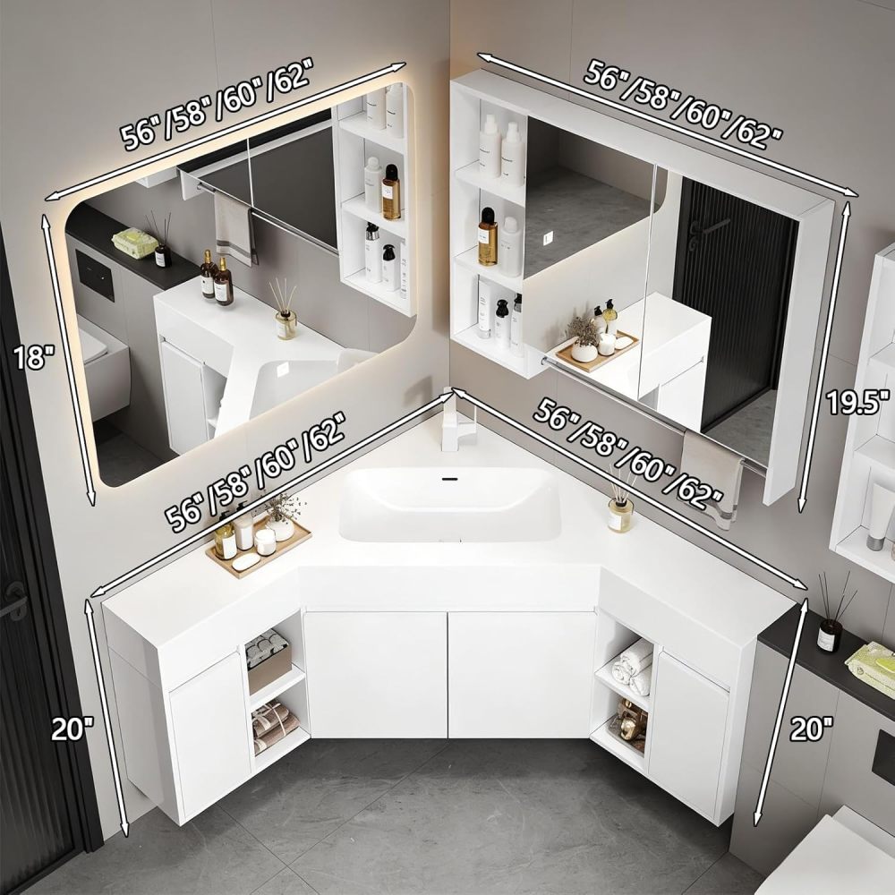 60IN Corner Bathroom Vanity with Sink - Modern Solid Wood Bathroom Vanity Cabinet with Smart Defog Mirror & Storage Mirror Cabinet, Single Floating Sink Design - Complete Accessories