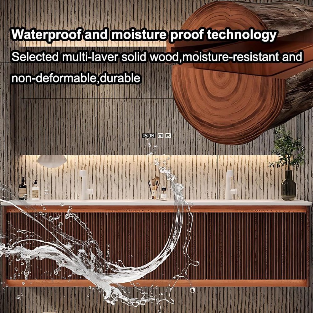86IN Bathroom Vanity with Sink - Floating Bathroom Vanity with Sink and Smart Defog Mirror, Solid Wood Bathroom Sink Cabinet with 2 Large Drawers, No Assembly Required, Wood