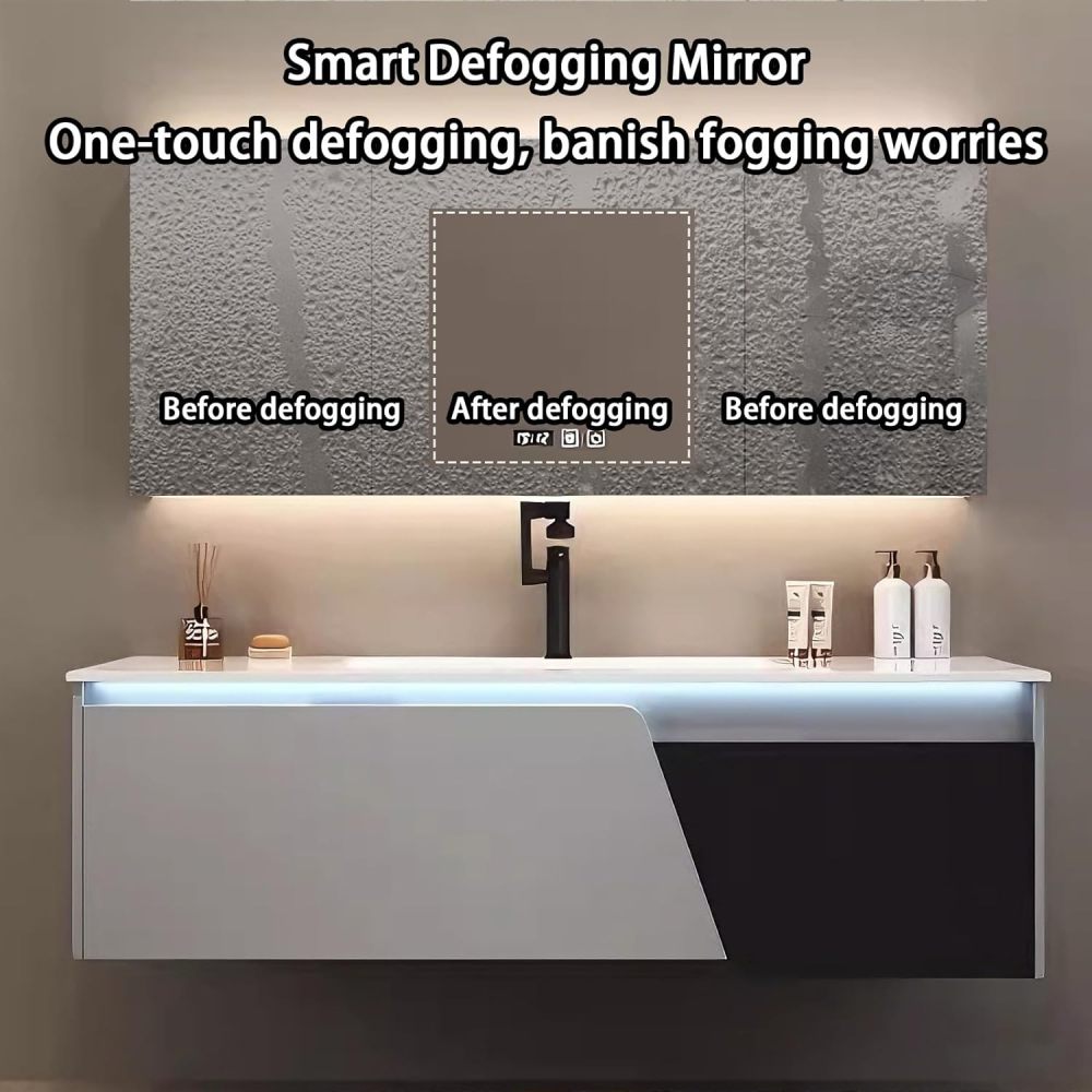 60IN Bathroom Vanity - Modern Bathroom Vanity with Sink & Smart Defogging Mirror, Stylish Sink Cabinet with 2 Drawers and Sensor Lights, No Assembly Required, Black