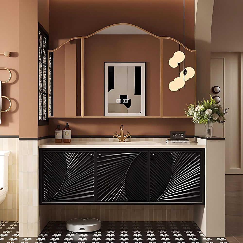 60IN Bathroom Vanity with Sink - Floating Bathroom Vanity with Seamless Sink and Smart Defog Mirror, Solid Wood Bathroom Sink Cabinet with 3 Doors, No Assembly Required, Black