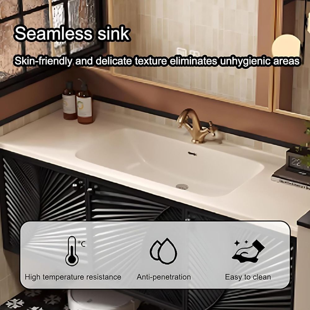 60IN Bathroom Vanity with Sink - Floating Bathroom Vanity with Seamless Sink and Smart Defog Mirror, Solid Wood Bathroom Sink Cabinet with 3 Doors, No Assembly Required, Black