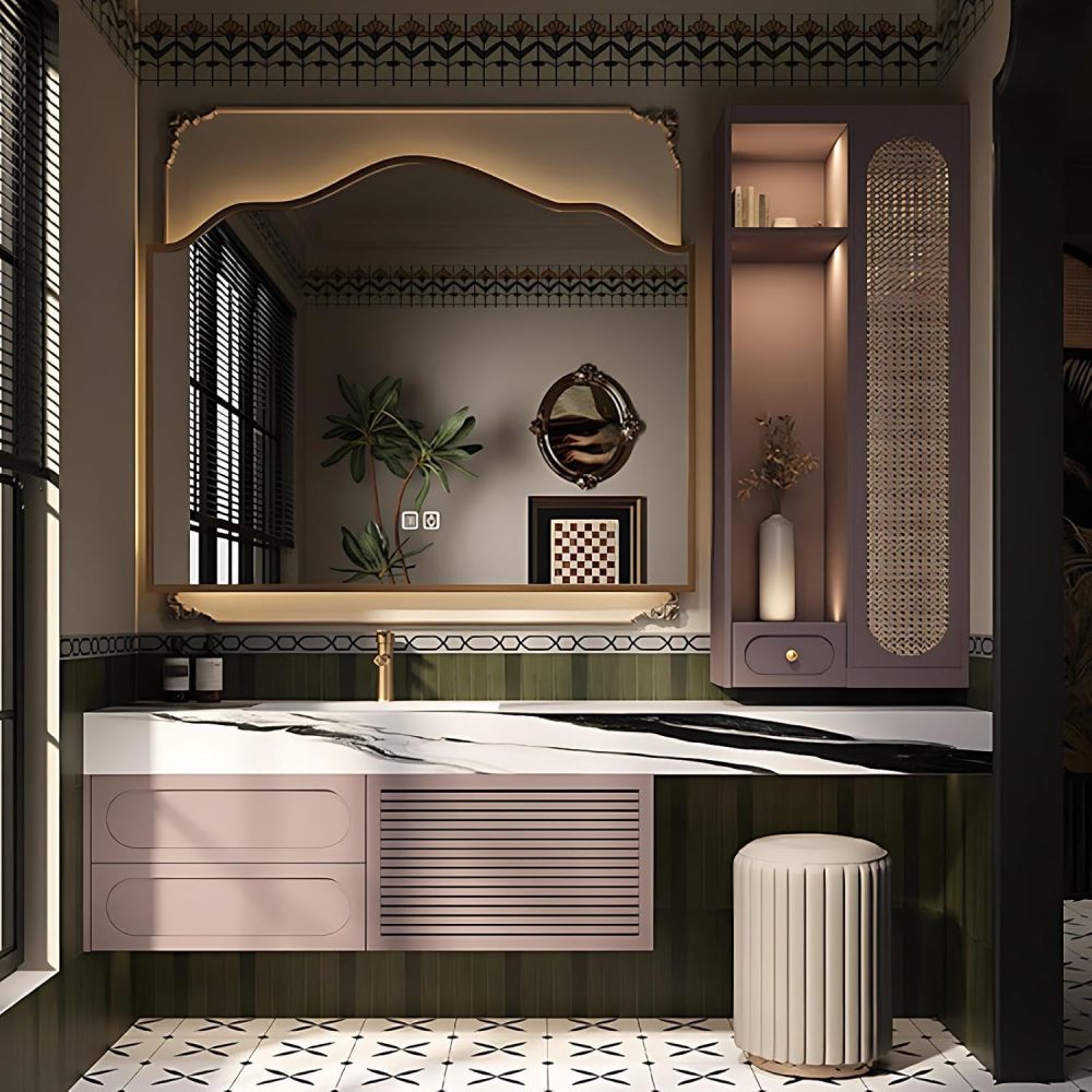 86IN Bathroom Vanity with Sink - Single Sink Vanity with Makeup Chair, Solid Wood Bathroom Cabinet, Intelligent Defogging, Silent Buffering, Custom Size - Complete Accessories Pink