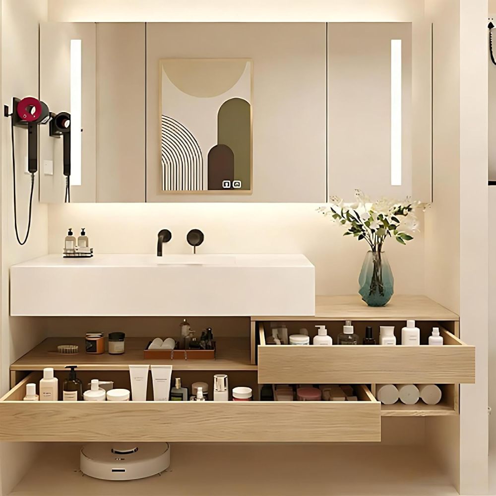 86IN Bathroom Vanity with Sink - Modern Bathroom Vanity with Smart Defog Mirror Cabinet, One-Touch Defog & Lighting, Solid Wood Sink Cabinet with 2 Drawers & Open Storage, Wood - B