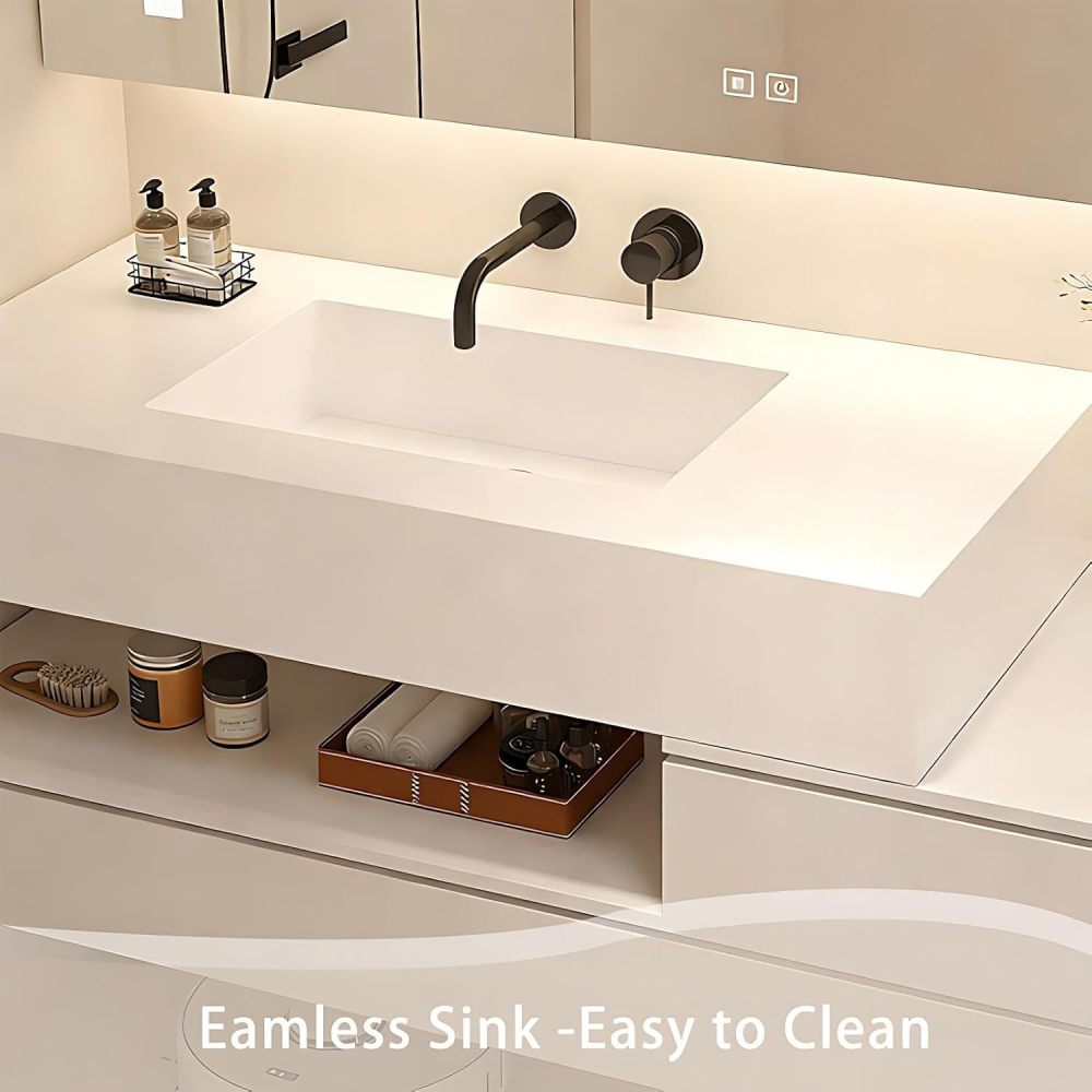 86IN Bathroom Vanity with Sink - Modern Bathroom Vanity with Smart Defog Mirror Cabinet, One-Touch Defog & Lighting, Solid Wood Sink Cabinet with 2 Drawers & Open Storage, Wood - B
