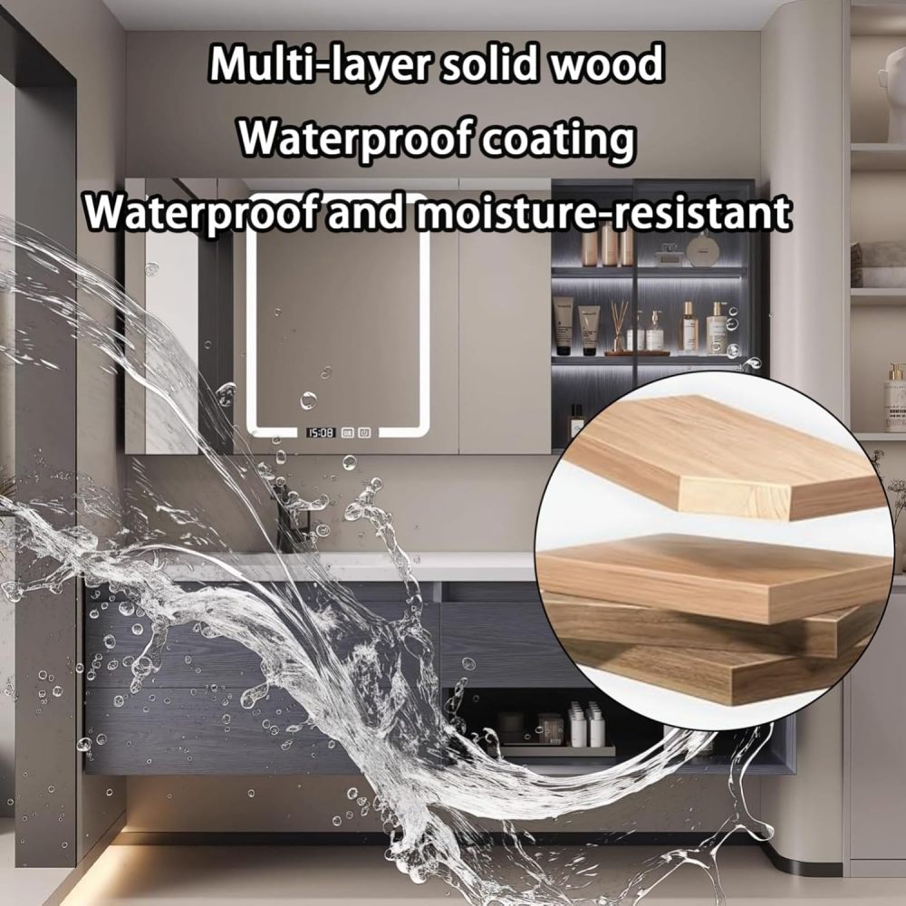 76IN Bathroom Vanity - Modern Bathroom Vanity with Anti-Fog Mirror Cabinet, One-Touch Defog & Lighting, Floating Sink Cabinet with Storage & Seamless Sink, No Assembly Required, Gray