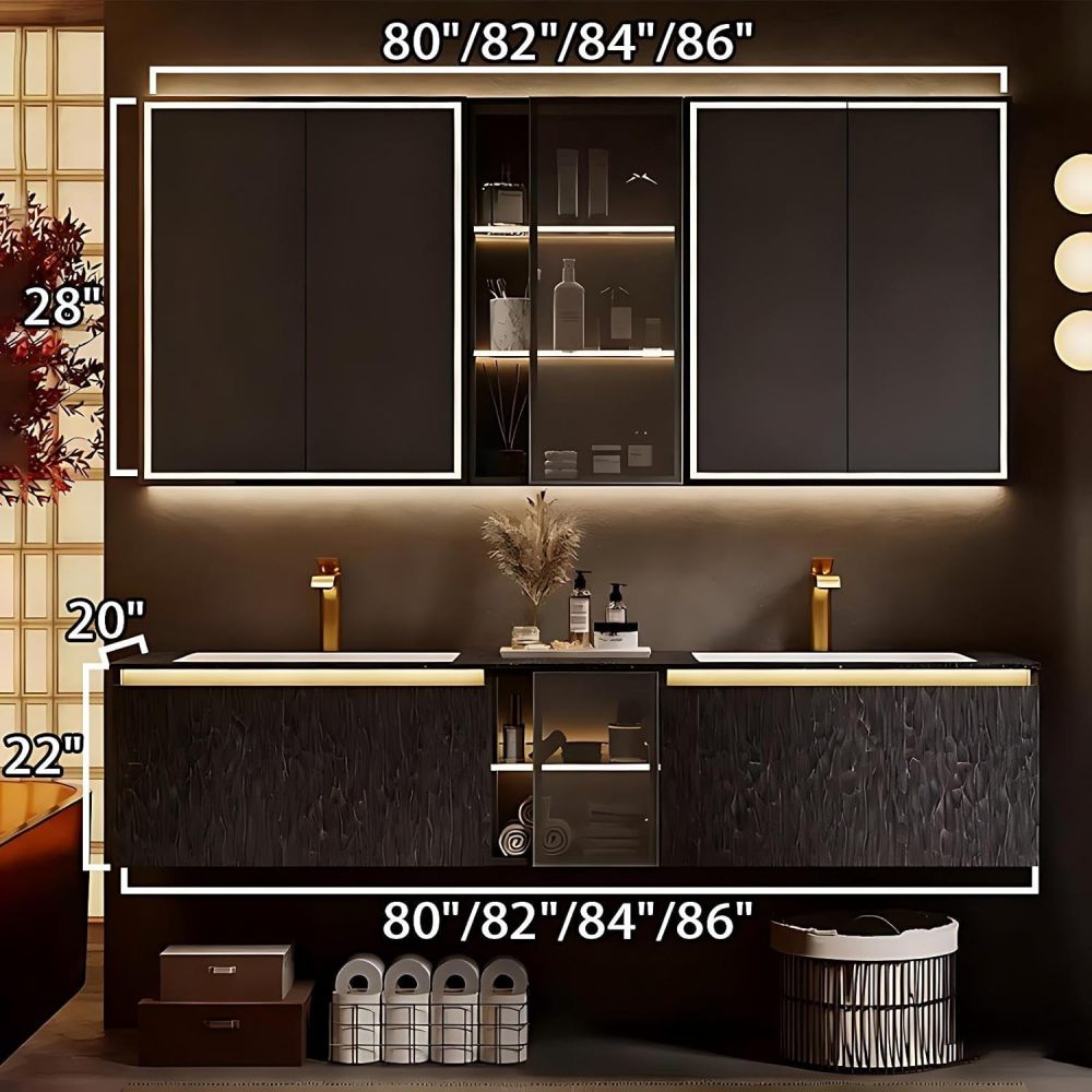 80IN Bathroom Vanity with Sink - Bathroom Sink Cabinet with Motion Sensor Lighting, Wall-Mounted Vanity, Intelligent Defogging, Waterproof, Customizable - Complete Accessories, Brown