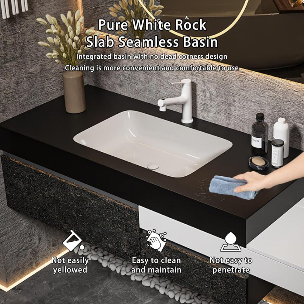 82IN Bathroom Vanity with Sink - Floating Sink Cabinet with Smart Defog Mirror, Modern Bathroom Vanity with Storage & Makeup Vanity, Includes Makeup Stool, No Assembly Required, Black